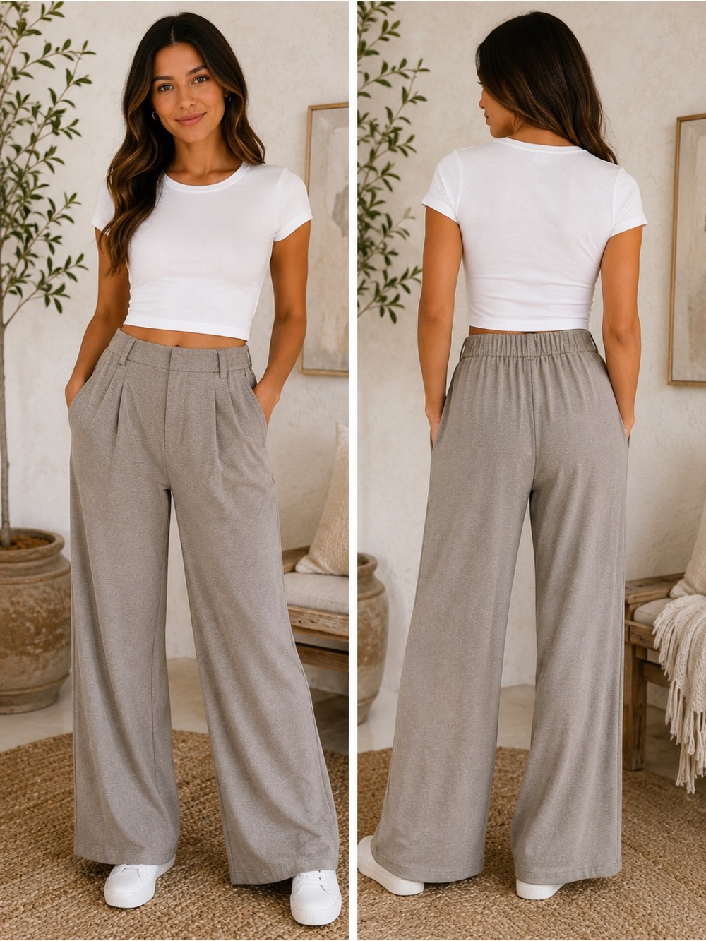 HALARA Grey Wide-Leg High-Rise Pleated Pants